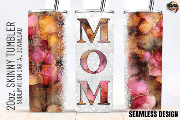 MOM Alcohol Ink Flowers Tumbler Wrap in Graphics & Crafts