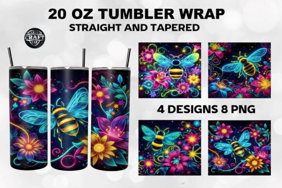 Neon Bee with Floral Tumbler Wrap 20oz Graphics